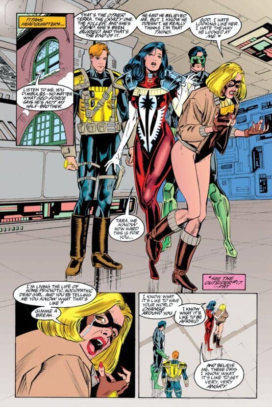 Roy, Donna, and Kyle try to console Terra 2 who is upset about Geo-force thinking she is the original Tara